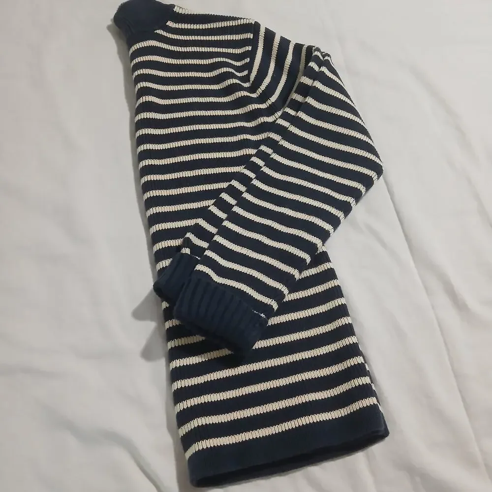 GAP Medium 100% Cotton Mock-Neck Blue/Cream Striped Tunic Sweater Ribbed Cuff